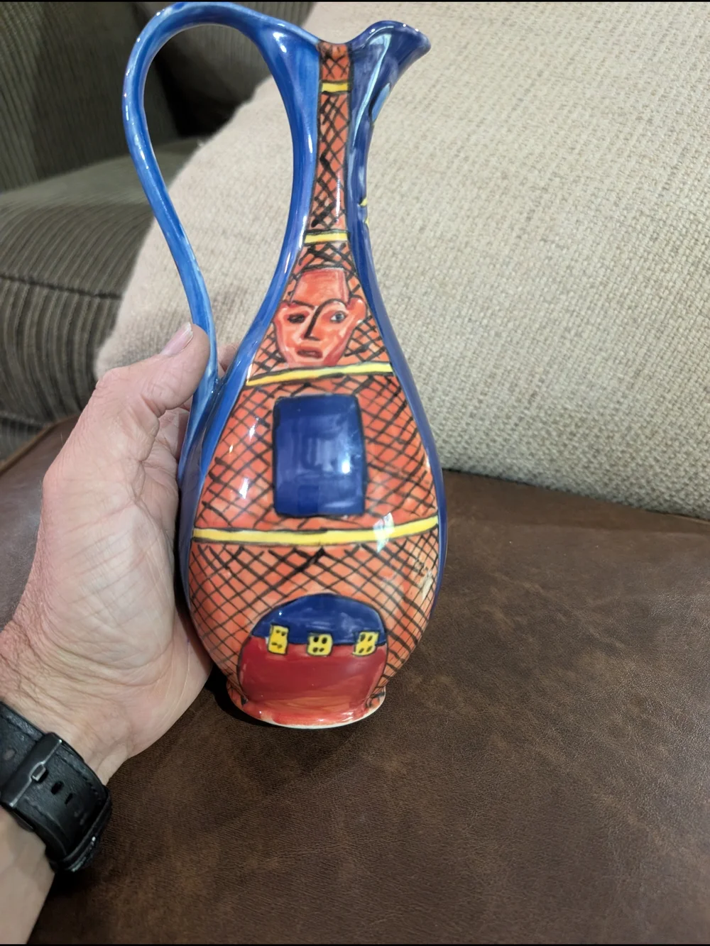 Hand-Painted Blue Ceramic Vase with Yellow and Red Folk Art Motif